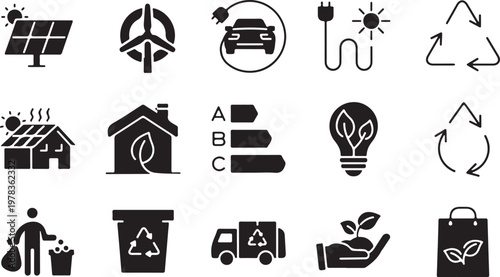 Eco friendly icons for sustainable living and renewable energy solutions in a modern vector graphic design