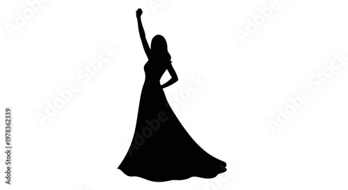 Silhouette of Woman in Elegant Gown Raising Fist in Celebration