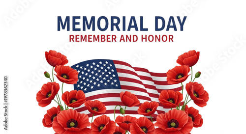 Remember and Honor Memorial Day with Poppies and American Flag for Patriotism, Remembrance, and Service