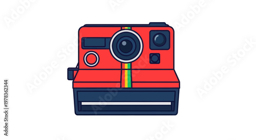 Retro Red Instant Camera with Colorful Stripes, Vector Illustration