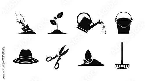 Black and white gardening icons set.