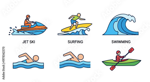 Water Sports Icons: Jet Ski, Surfing, Swimming, Kayaking - Summer Activity Set
