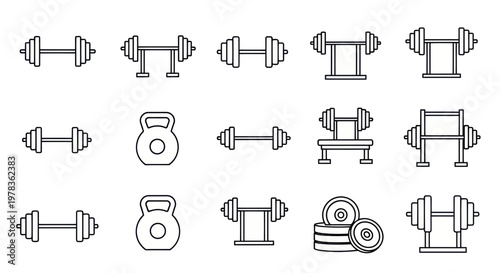 Weightlifting Equipment Icons: Dumbbells, Barbells, Kettlebells, Weight Plates