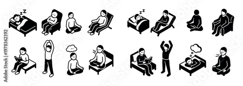 Relaxation icons with bed person minimal outline