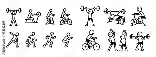 Fitness icons with weight bike run outline