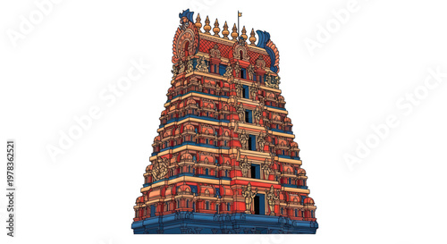 Ornate Hindu Temple Tower (Gopuram) - Detailed Architectural Illustration
