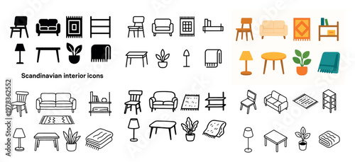 Scandinavian interior icons with chair sofa plant flat