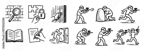 Security icons with lock door shooter sketch