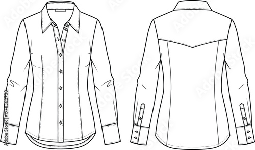 Technical flat sketch of long sleeve button‑up shirt with pointed collar, button placket, curved hemline, cuffs, and back yoke seam design illustration