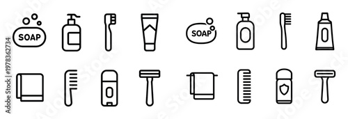 Hygiene icons with soap toothbrush tube minimal