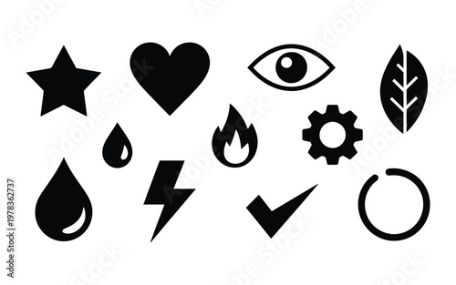 Collection of black icons: star heart eye leaf water drops lightning bolt fire gear circle with water drop illustration minimalist abstract collection technology business communication