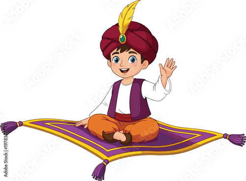 Cartoon illustration of young person on magical flying carpet with turban, colorful outfit, smiling expression, fantasy folklore adventure children’s design