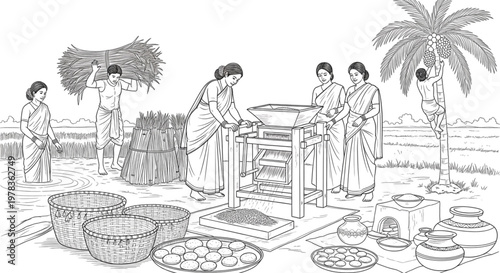 Rural Indian Women Processing Harvest with Traditional Tools, Community Farming, Sustainable Agriculture, Healthy Food