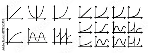 Mathematics icons with axes curves outline