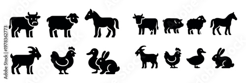 Farm icons with cow sheep horse simple