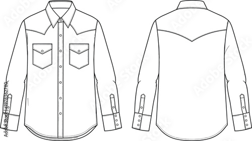 Technical flat sketch of long sleeve button‑up shirt with pointed collar, chest pockets, button placket, curved hemline, cuffs, and back yoke design illustration