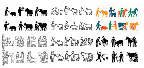 Farm icons with person dog cow horse outline