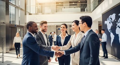 Business handshake in modern office lobby, global business, teamwork and collaboration