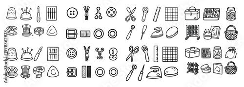 Sewing icons with needle spool scissors outline