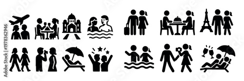 Travel icons with airplane beach umbrella solid