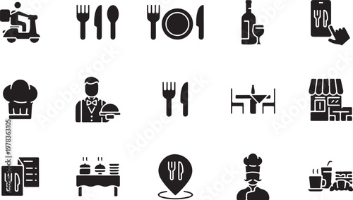 Vector graphic illustration of various restaurant and food service icons in black and white design