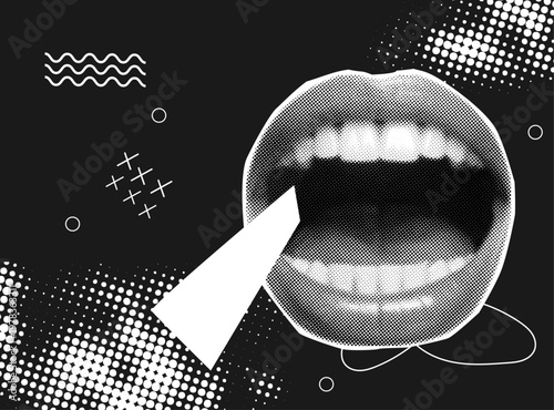 Halftone Screaming Mouth with Geometric Sound Beam and Abstract Pop-Art Communication Elements