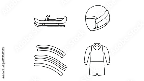 Bobsleigh Equipment Line Art: Minimalist line art illustrations depict essential bobsleigh equipment, including a sled, helmet, runners, and racing attire.