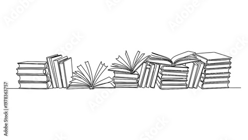 A large stack of books on a shelf. Continuous line style. Hand drawn. Line art. Vector design. illustrations