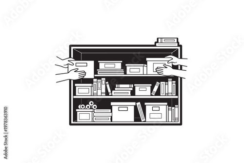 Hands Organizing Bookshelf with Storage Boxes and Books – Home Organization Illustration for Minimal Living, Productivity, and Interior Management Content