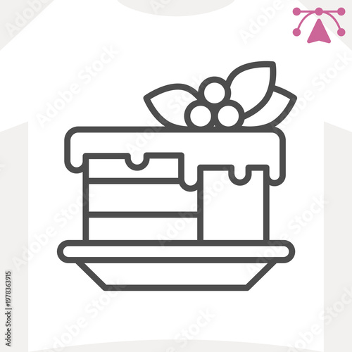 Sponge cake line icon, sweet food concept. Vector graphics. Cake with icing and berries in plate sign and editable stroke, outline style icon for mobile or web design.
