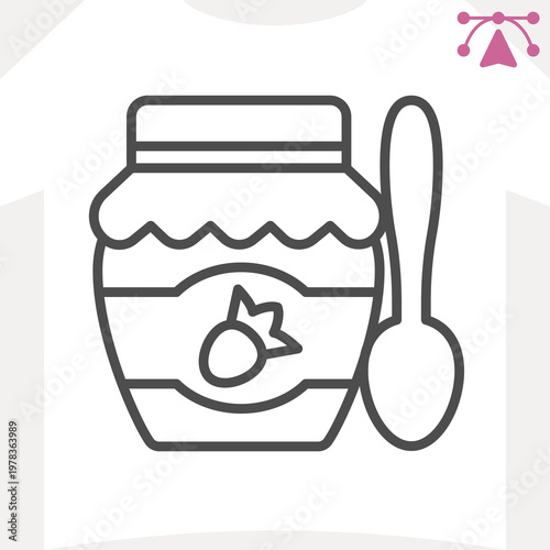 Jar of strawberry jam line icon, sweet food concept. Vector graphics. Jam jar with tablespoon sign and editable stroke, outline style icon for mobile or web design.