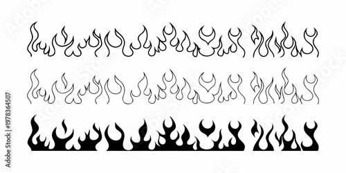 Stylized black and white illustration of various flame shapes and designs
