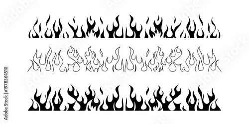 Black and white illustration depicting three rows of stylized flame graphics