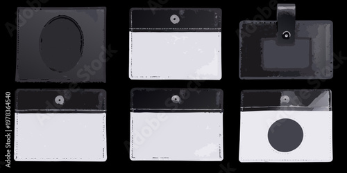 Six blank identification cards with various hole and strap placements
