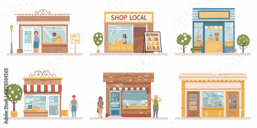 Colorful illustration of diverse small businesses and storefronts