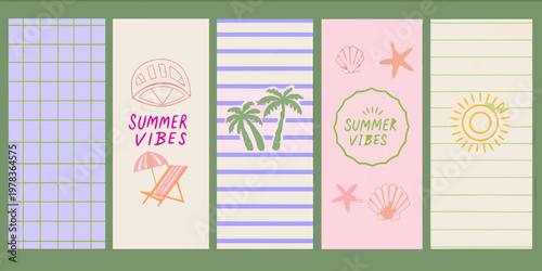 Colorful summer themed pattern with beach elements and vibrant designs