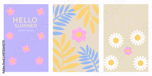 Colorful summer floral designs arranged in a vertical triptych format