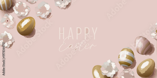 A festive arrangement of decorated easter eggs on a pink background