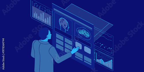 A person interacts with a futuristic interface displaying medical data
