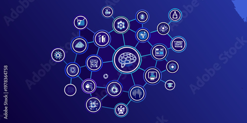 A network of interconnected icons representing artificial intelligence concepts