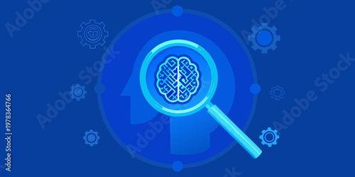 A blue illustration depicts a mind with gears and a magnifying glass