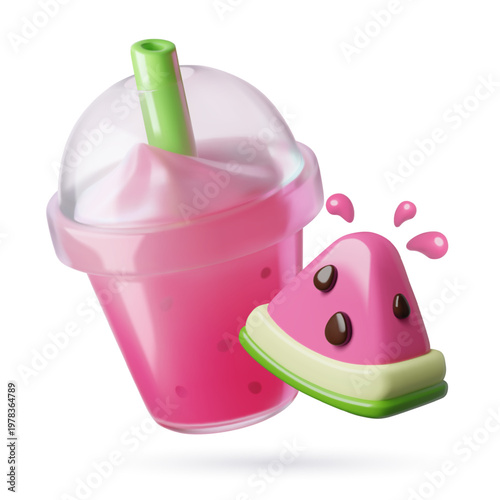 3D watermelon smoothie drink in a plastic takeaway cup. Fresh juice with ice and fruit piece. Realistic vector illustration.