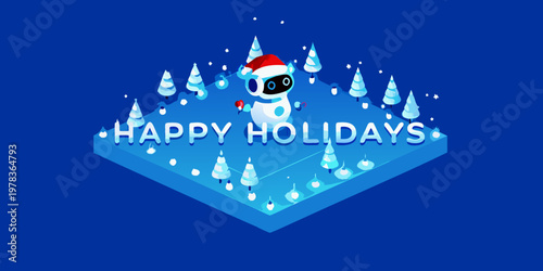 A cute robot wearing a santa hat wishes happy holidays in a winter scene