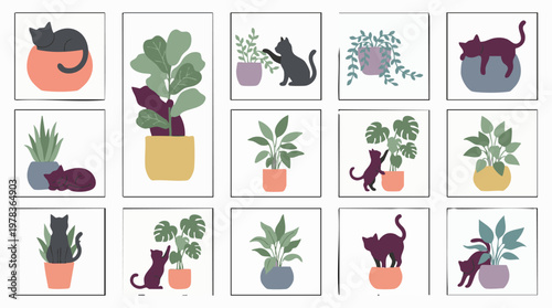 Minimalist Flat Design Illustrations of Cats and Various Potted Houseplants