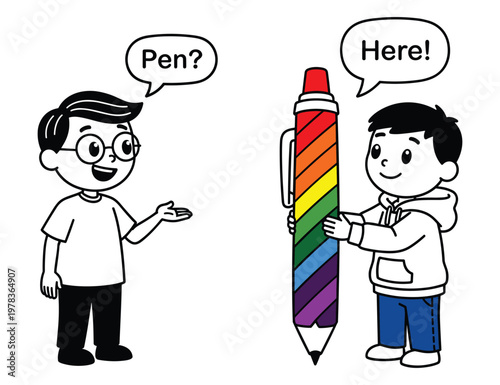 Boy asking for pen and other boy holding rainbow colored pen illustration.