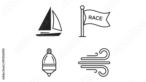 Sailing Icon Collection: Illustrative icons of sailing elements, featuring a sailboat, race flag, buoy, and wind symbol, perfect for nautical design and thematic projects.