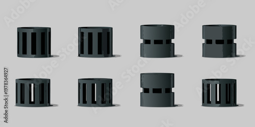 Isometric view of dark gray cylindrical objects with vertical slots