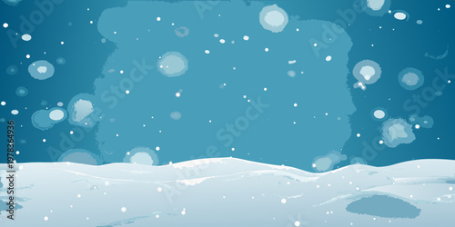 Abstract blue background with snowy landscape and scattered bubbles