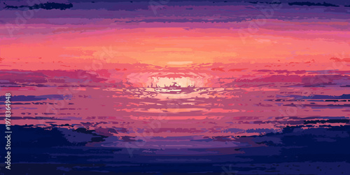 Vibrant sunset over water with silhouetted trees and reflections