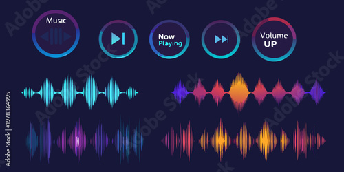 Colorful music player controls and audio waveform visualizations displayed graphically